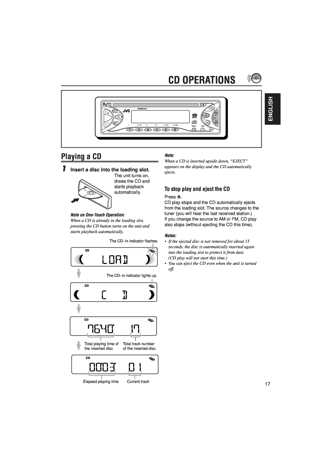 JVC KD-S723R Cd Operations, Playing a CD, To stop play and eject the CD, English, Note on One-TouchOperation, 8 MO, 11 RPT 