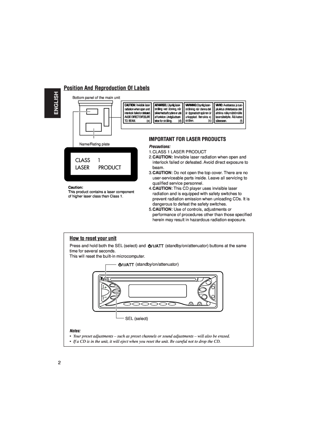 JVC KD-S723R, KD-S871R Position And Reproduction Of Labels, English, Important For Laser Products, How to reset your unit 