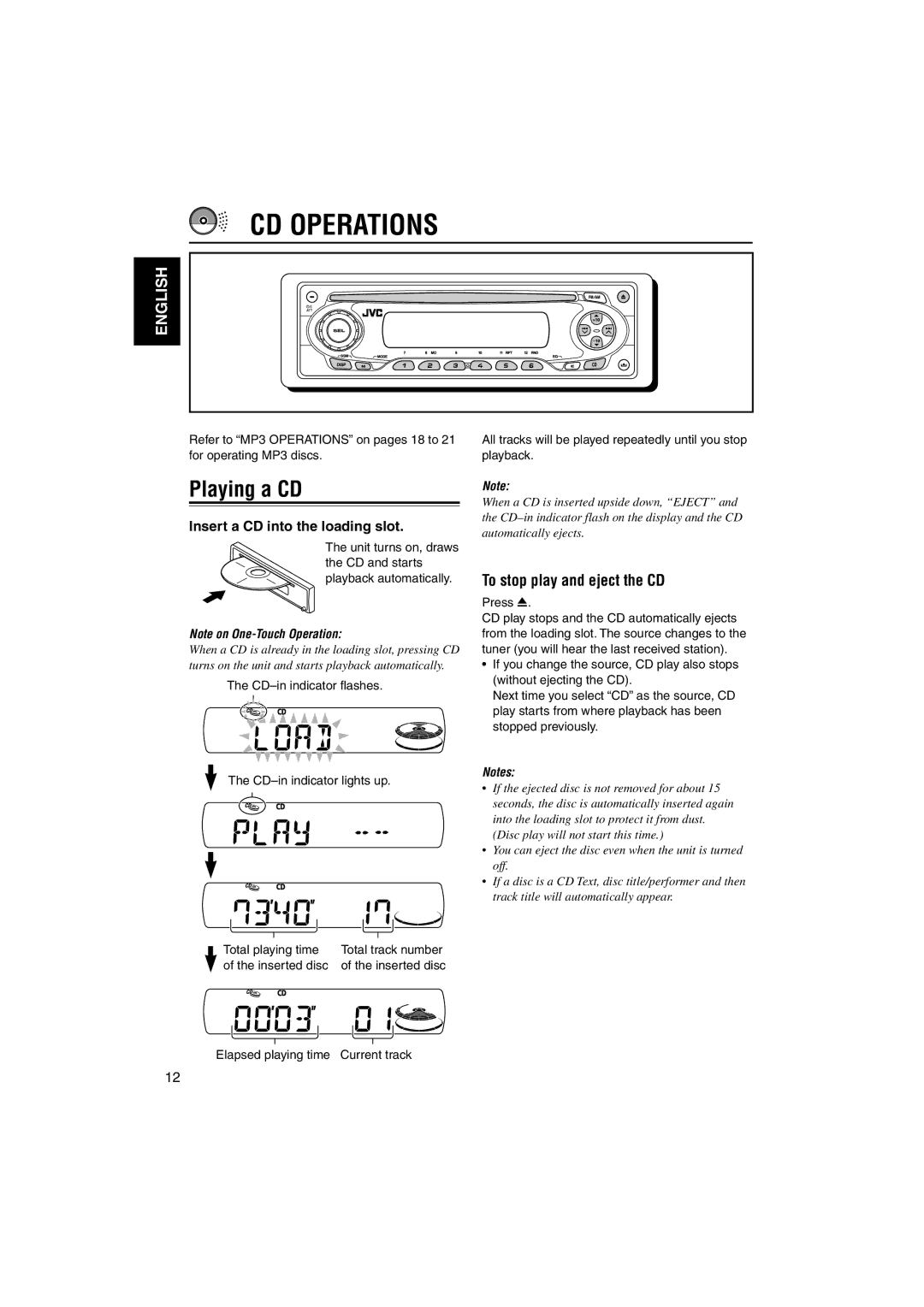 JVC KD-S890 manual CD Operations, Playing a CD, To stop play and eject the CD, Insert a CD into the loading slot 