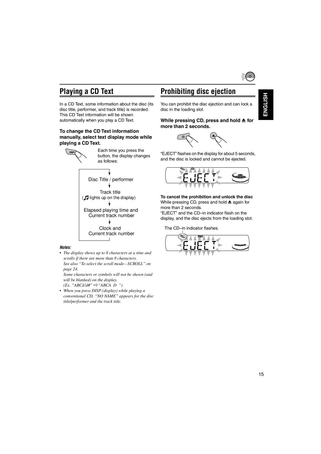 JVC KD-S890 manual Playing a CD Text Prohibiting disc ejection, While pressing CD, press and hold 0 for more than 2 seconds 