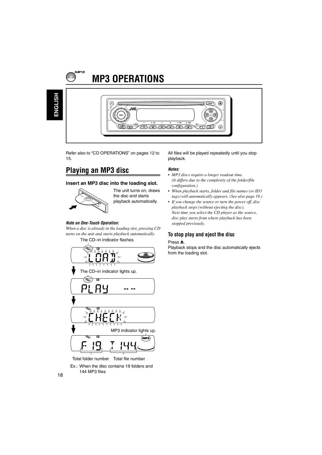 JVC KD-S890 MP3 Operations, Playing an MP3 disc, To stop play and eject the disc, Insert an MP3 disc into the loading slot 