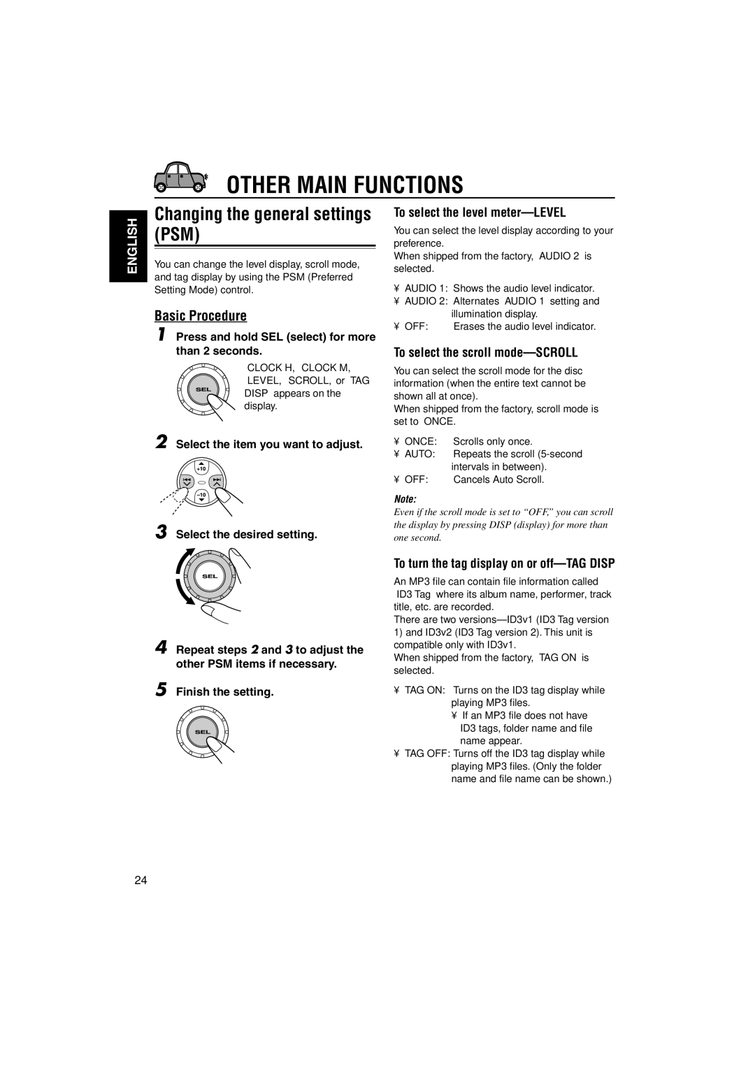 JVC KD-S890 Other Main Functions, Changing the general settings PSM, Basic Procedure, To select the level meter-LEVEL 