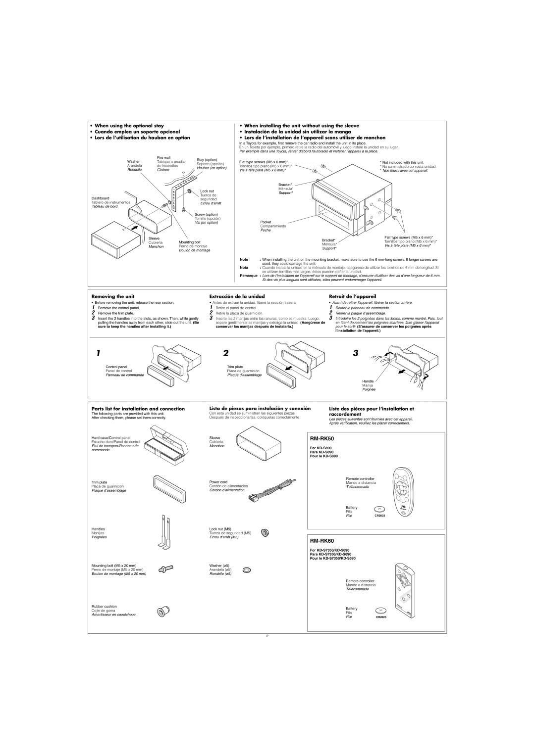 JVC Nota, Remarque, Con esta unidad se suministran las siguientes piezas, For KD-S890 Para KD-S890 Pour le KD-S890 