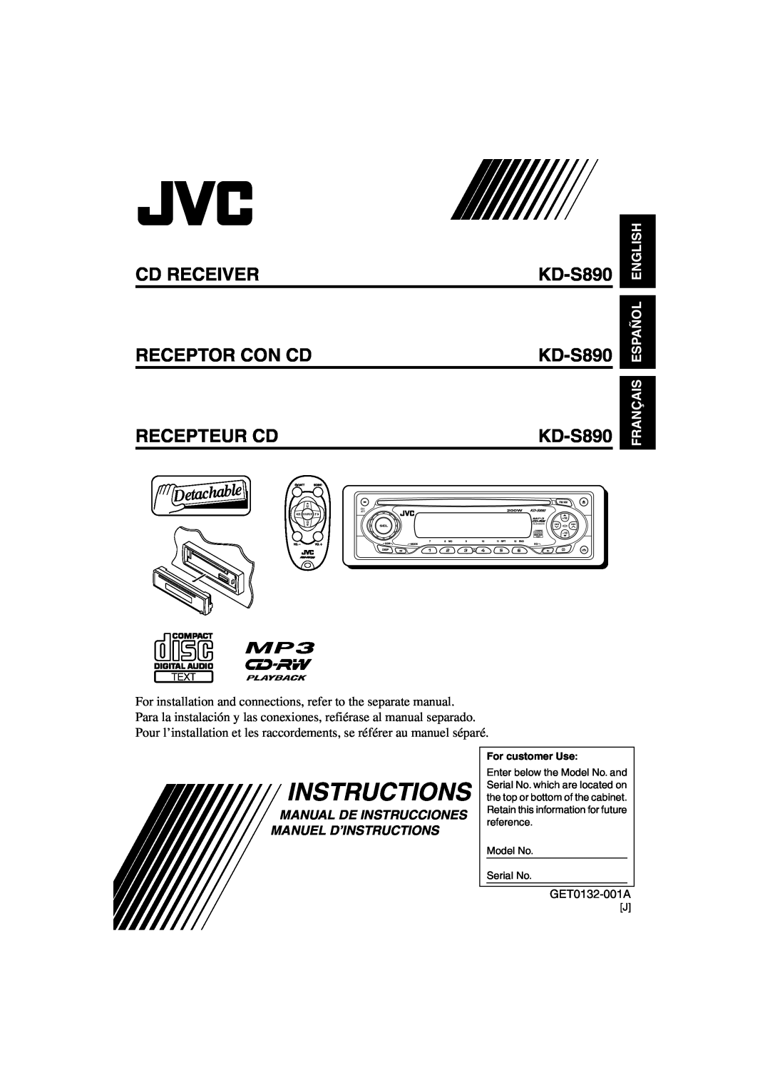 JVC manual Cd Receiver Receptor Con Cd Recepteur Cd, KD-S890 KD-S890 KD-S890, Français Español English, Instructions 