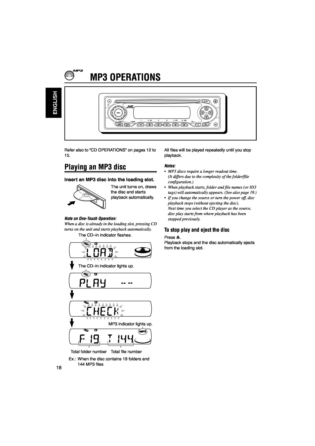 JVC KD-S890 MP3 OPERATIONS, Playing an MP3 disc, To stop play and eject the disc, English, Note on One-TouchOperation 