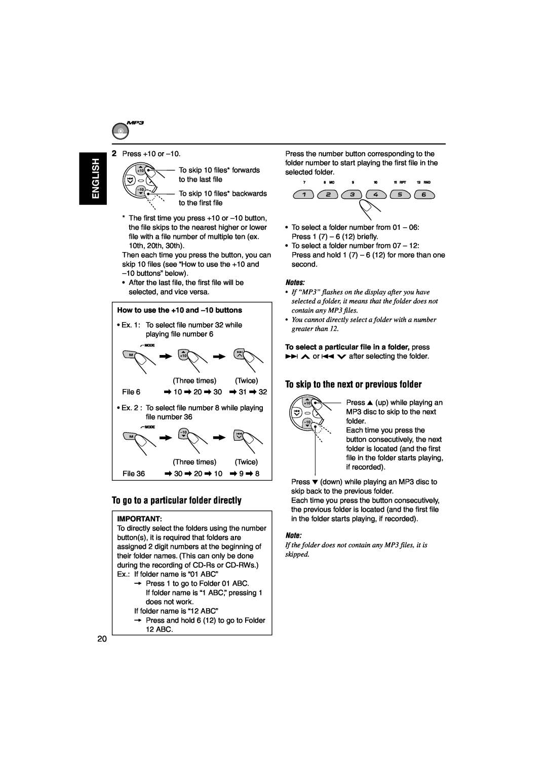 JVC KD-S890 manual To go to a particular folder directly, To skip to the next or previous folder 