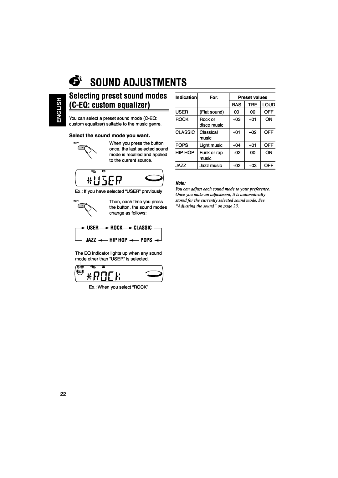 JVC KD-S890 Sound Adjustments, English, Select the sound mode you want, User Rock Classic Jazz Hip Hop Pops, Preset values 