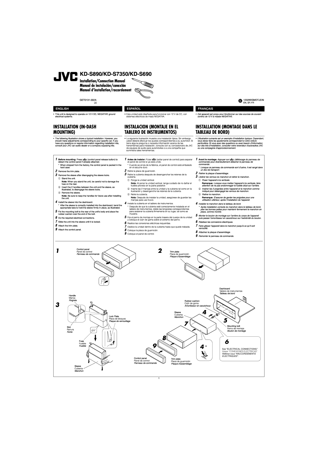 JVC manual Installation In-Dash Mounting, Tableau De Bord, KD-S890/KD-S7350/KD-S690 