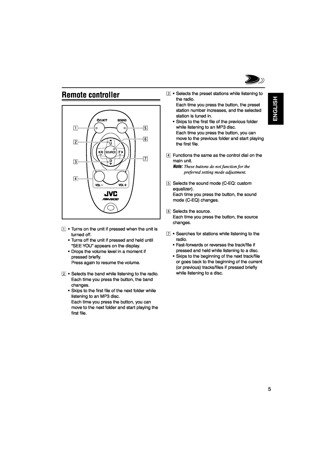 JVC KD-S890 manual Remote controller, English 