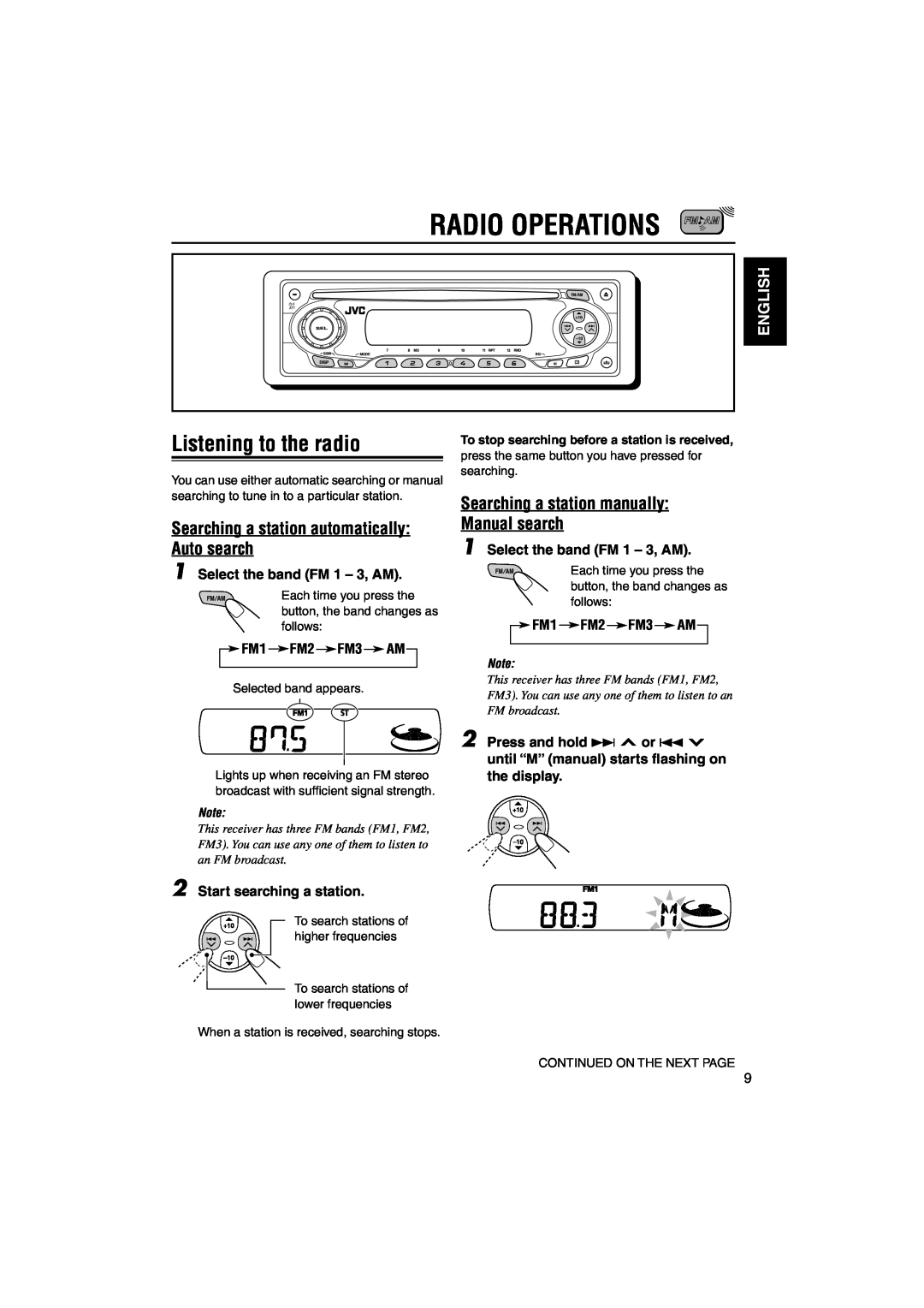 JVC KD-S890 manual Radio Operations, Listening to the radio, Searching a station automatically Auto search, English 