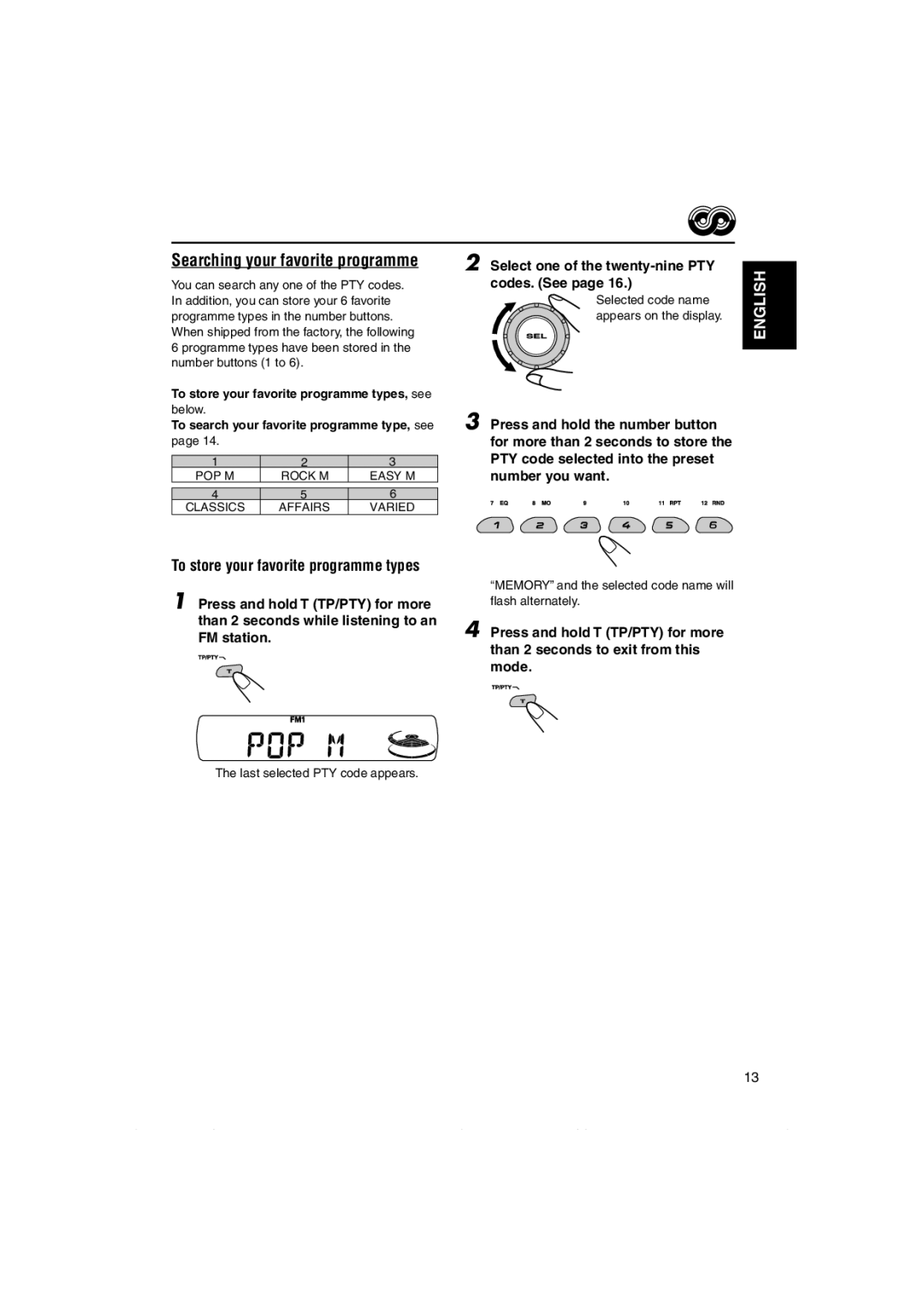 JVC KD-S891R Searching your favorite programme, To store your favorite programme types, Press and hold T TP/PTY for more 