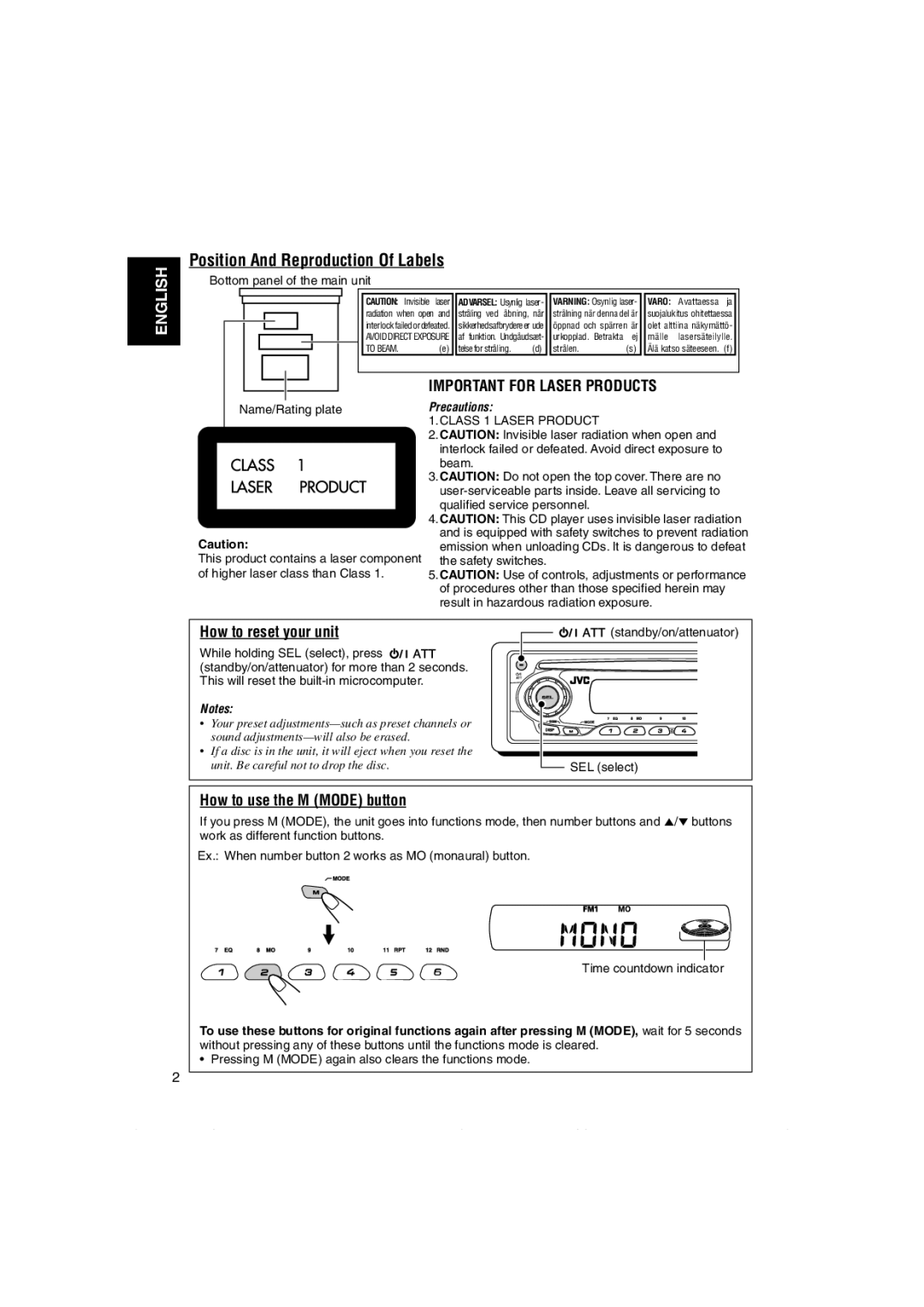 JVC KD-S891R manual Position And Reproduction Of Labels, How to reset your unit, How to use the M Mode button 