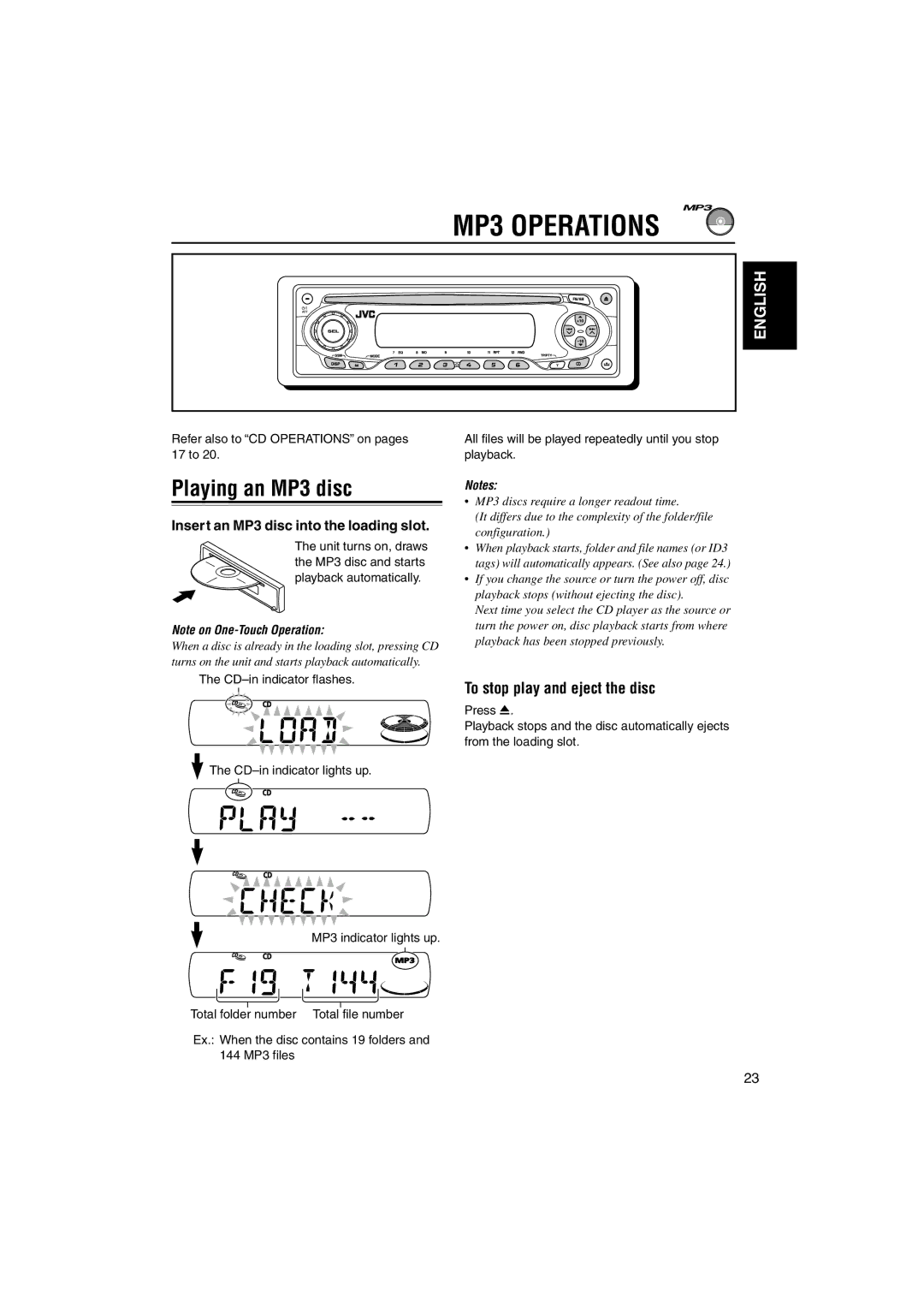 JVC KD-S891R manual MP3 Operations, Playing an MP3 disc, To stop play and eject the disc 