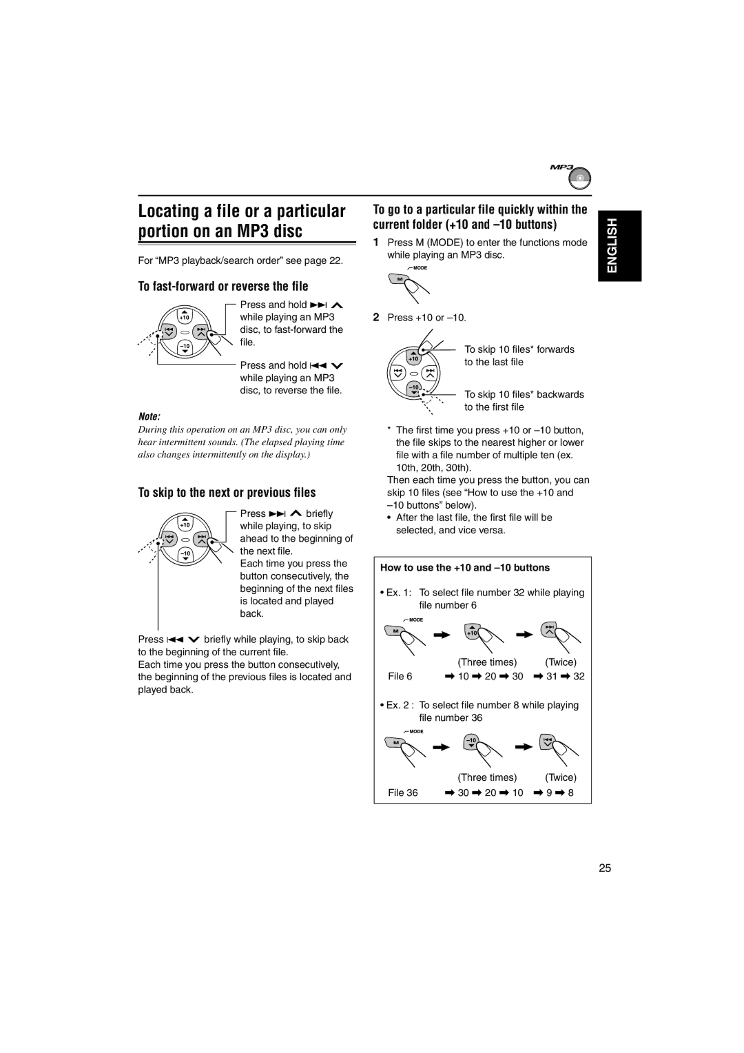 JVC KD-S891R To fast-forward or reverse the file, To skip to the next or previous files, For MP3 playback/search order see 