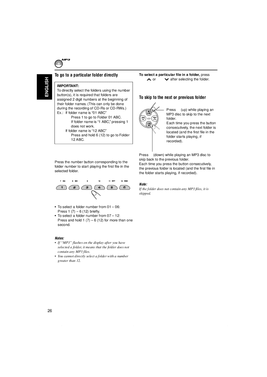 JVC KD-S891R manual To go to a particular folder directly, To skip to the next or previous folder 