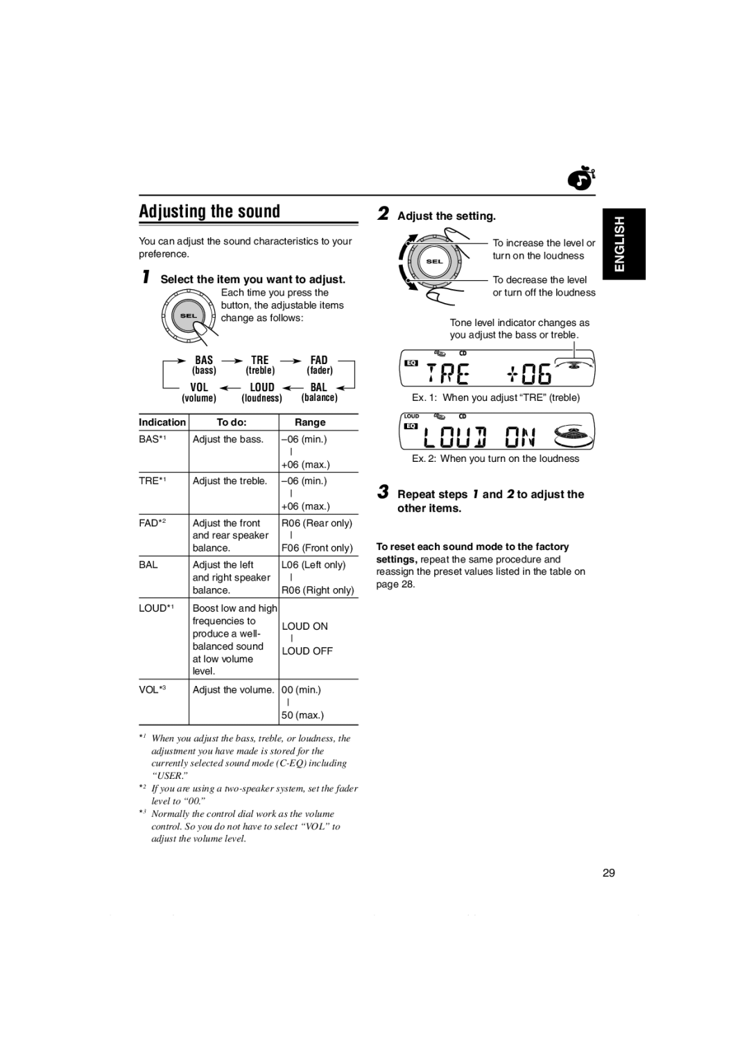 JVC KD-S891R manual Adjusting the sound, Adjust the setting, Select the item you want to adjust 