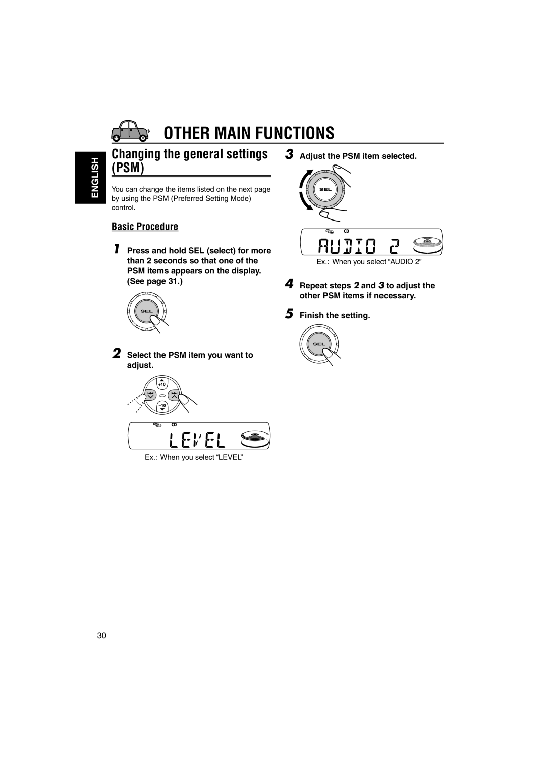 JVC KD-S891R manual Other Main Functions, Basic Procedure, Ex. When you select Audio, Ex. When you select Level 