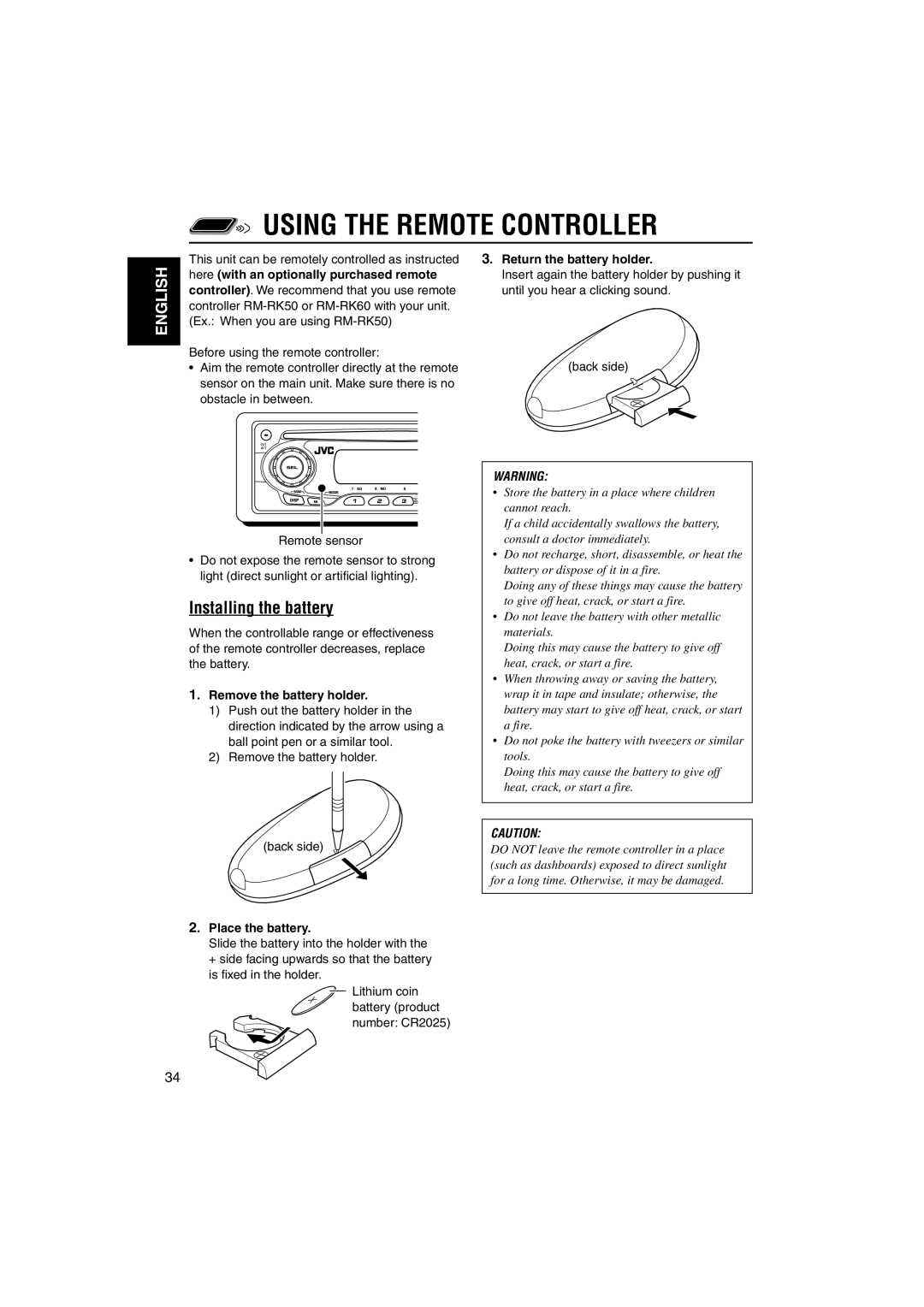 JVC KD-S891R manual Using the Remote Controller, Installing the battery 