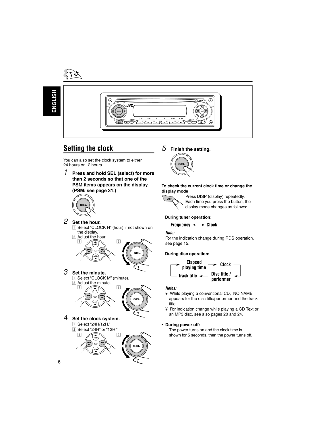 JVC KD-S891R manual Setting the clock 