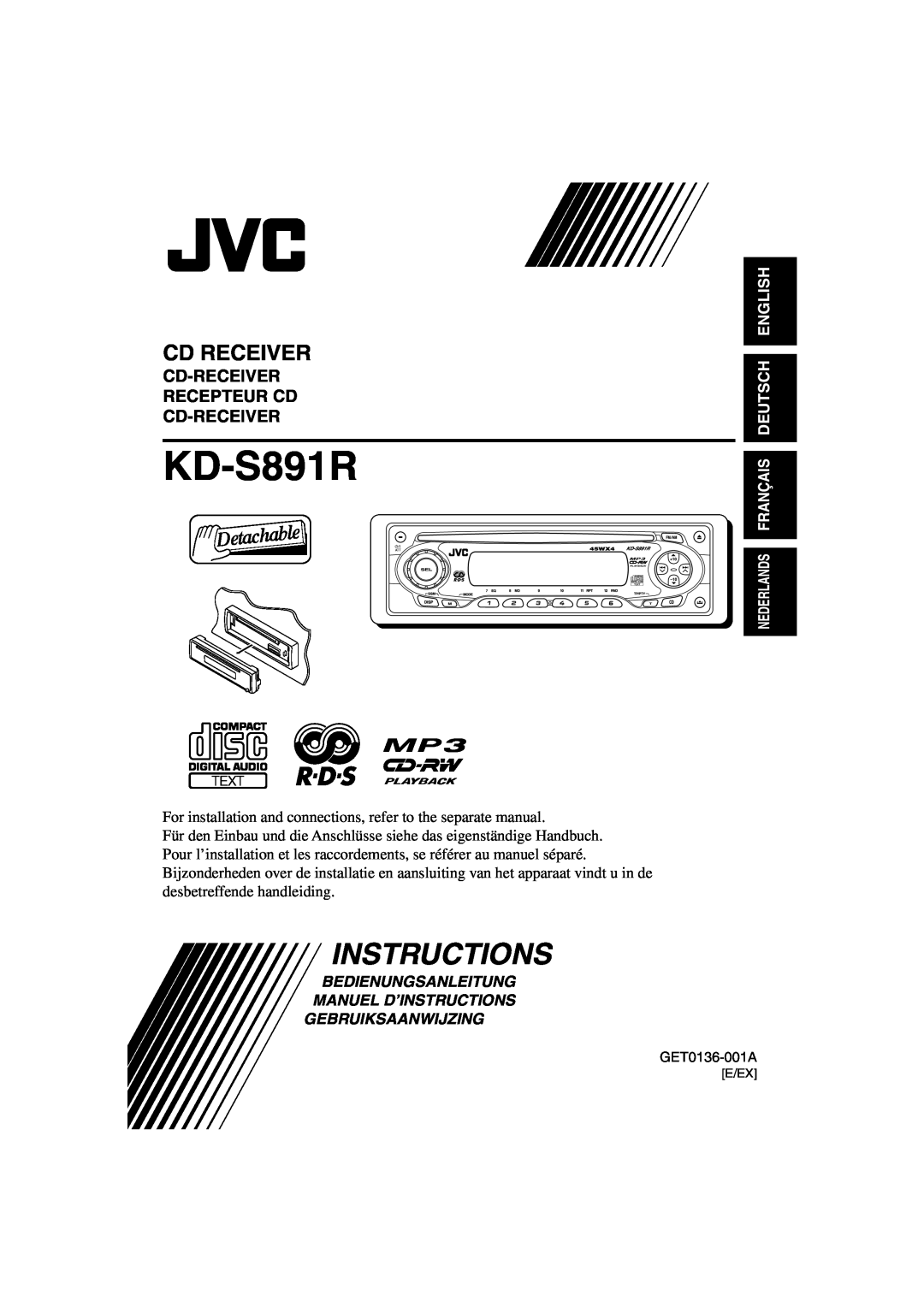 JVC KD-S891R manual Cd Receiver, Cd-Receiver Recepteur Cd Cd-Receiver, English Deutsch, Instructions 