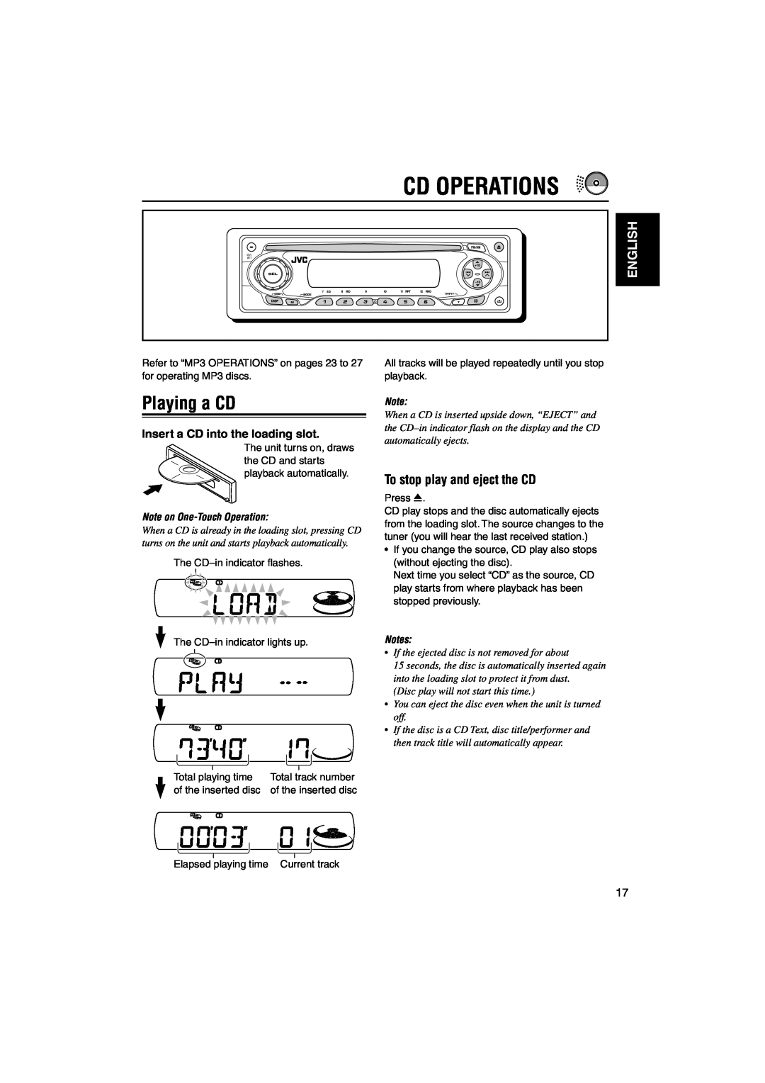 JVC KD-S891R manual Cd Operations, Playing a CD, To stop play and eject the CD, English, Insert a CD into the loading slot 
