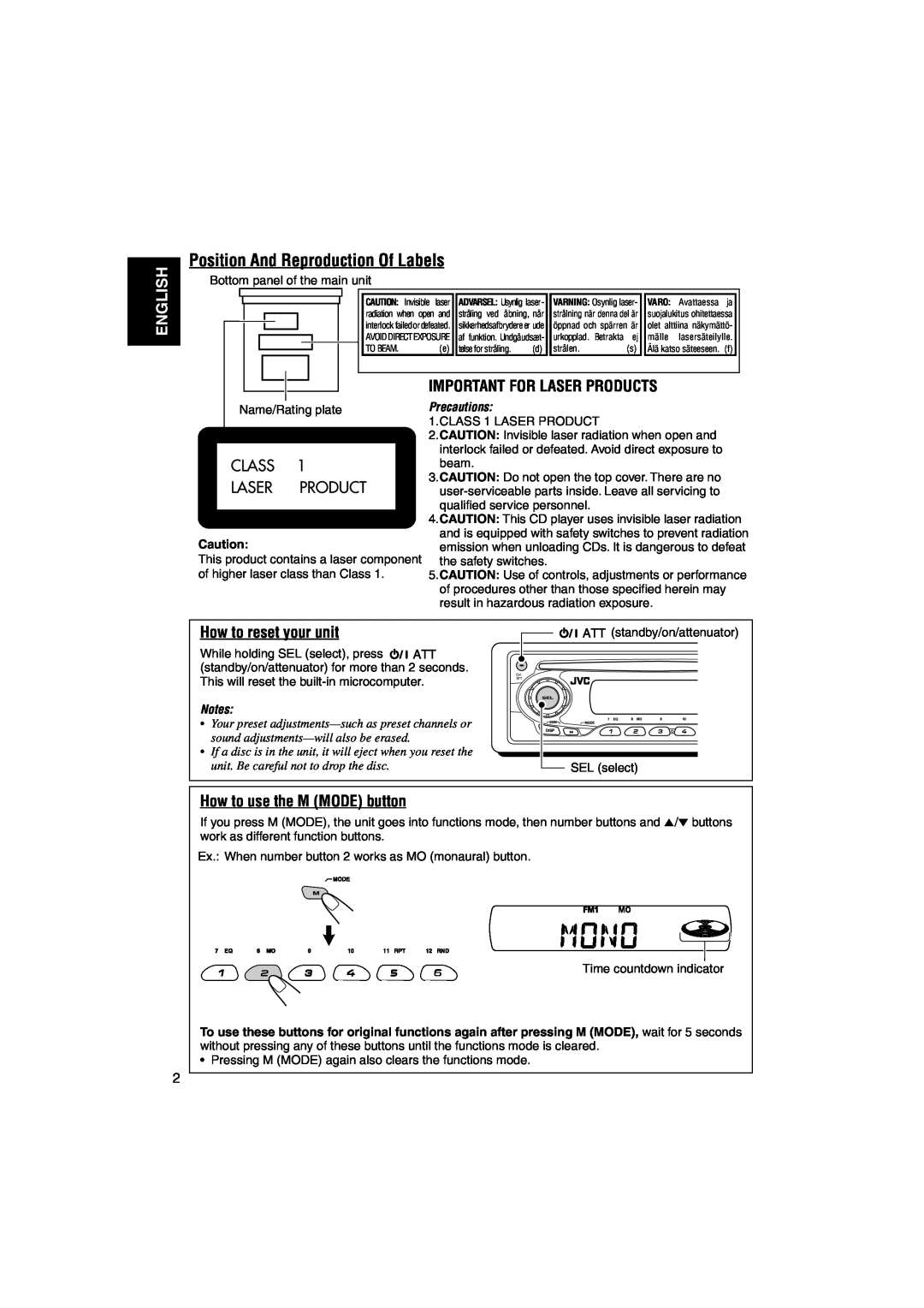 JVC KD-S891R manual Position And Reproduction Of Labels, English, Important For Laser Products, How to reset your unit 