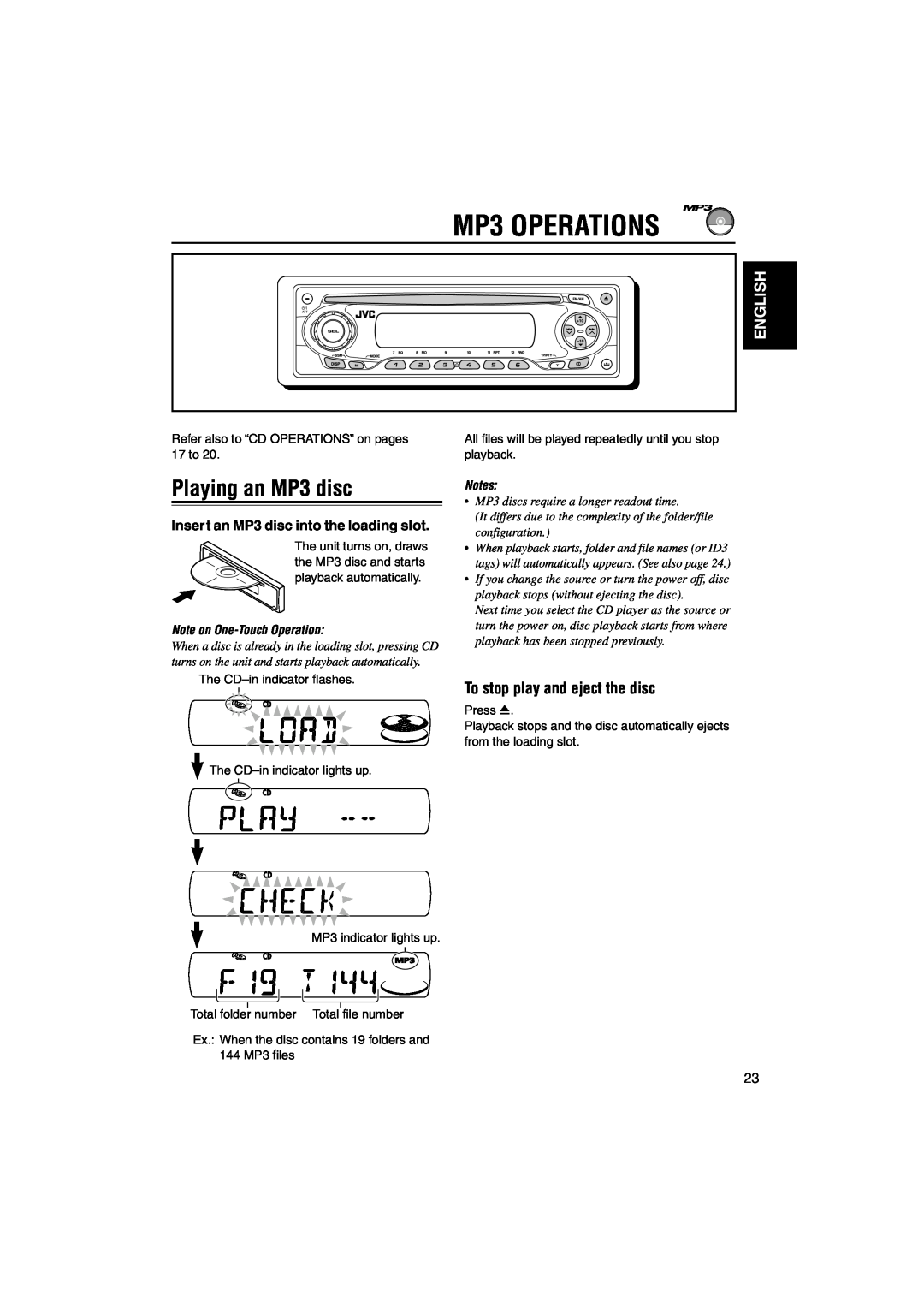 JVC KD-S891R MP3 OPERATIONS, Playing an MP3 disc, To stop play and eject the disc, English, Note on One-Touch Operation 