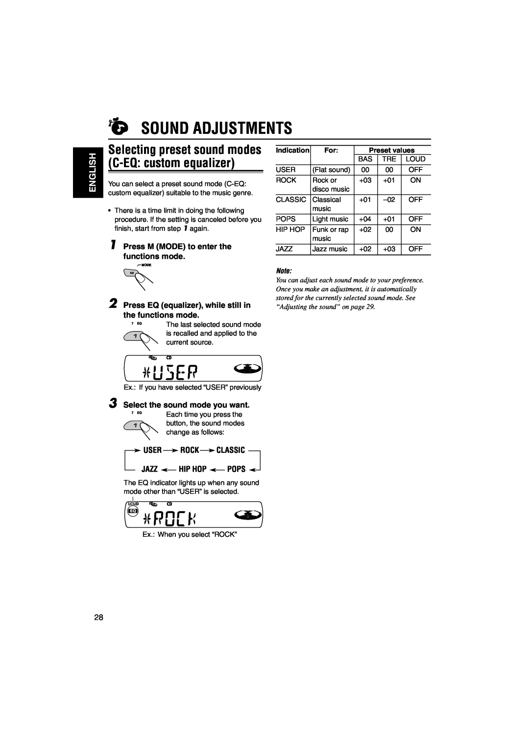 JVC KD-S891R manual Sound Adjustments, Selecting preset sound modes C-EQ custom equalizer, English, Preset values 