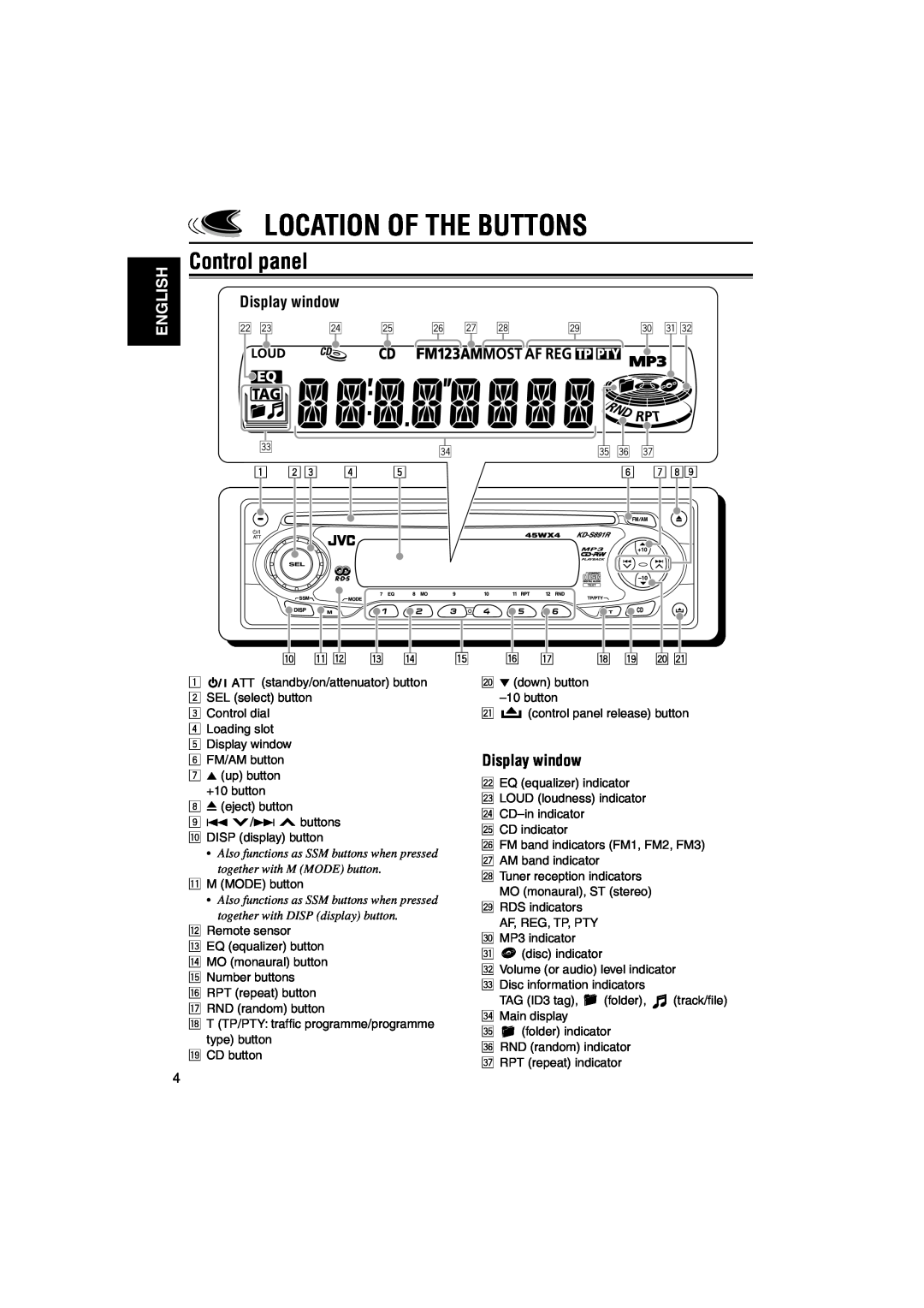 JVC KD-S891R Location Of The Buttons, Control panel, Display window, English, Also functions as SSM buttons when pressed 