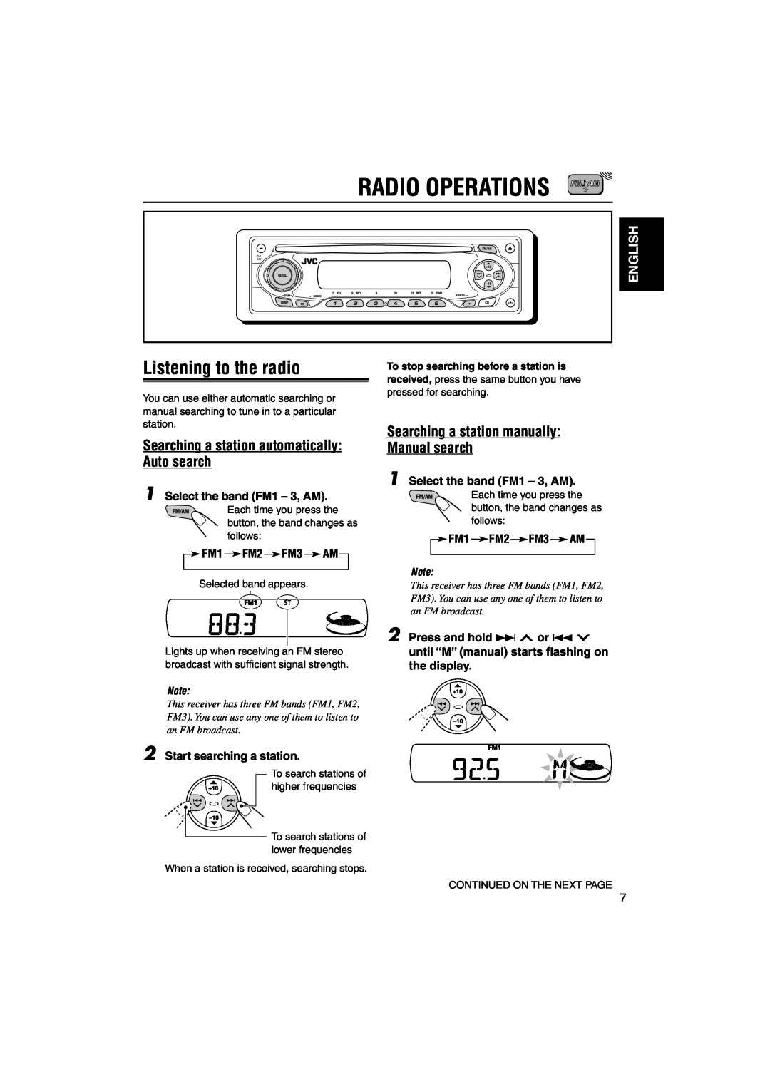 JVC KD-S891R manual Radio Operations, Listening to the radio, Searching a station automatically Auto search, English 