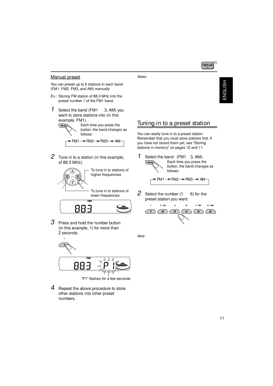 JVC KD-S895 manual Manual preset, Tune in to a station in this example, of 88.3 MHz, P1 flashes for a few seconds 