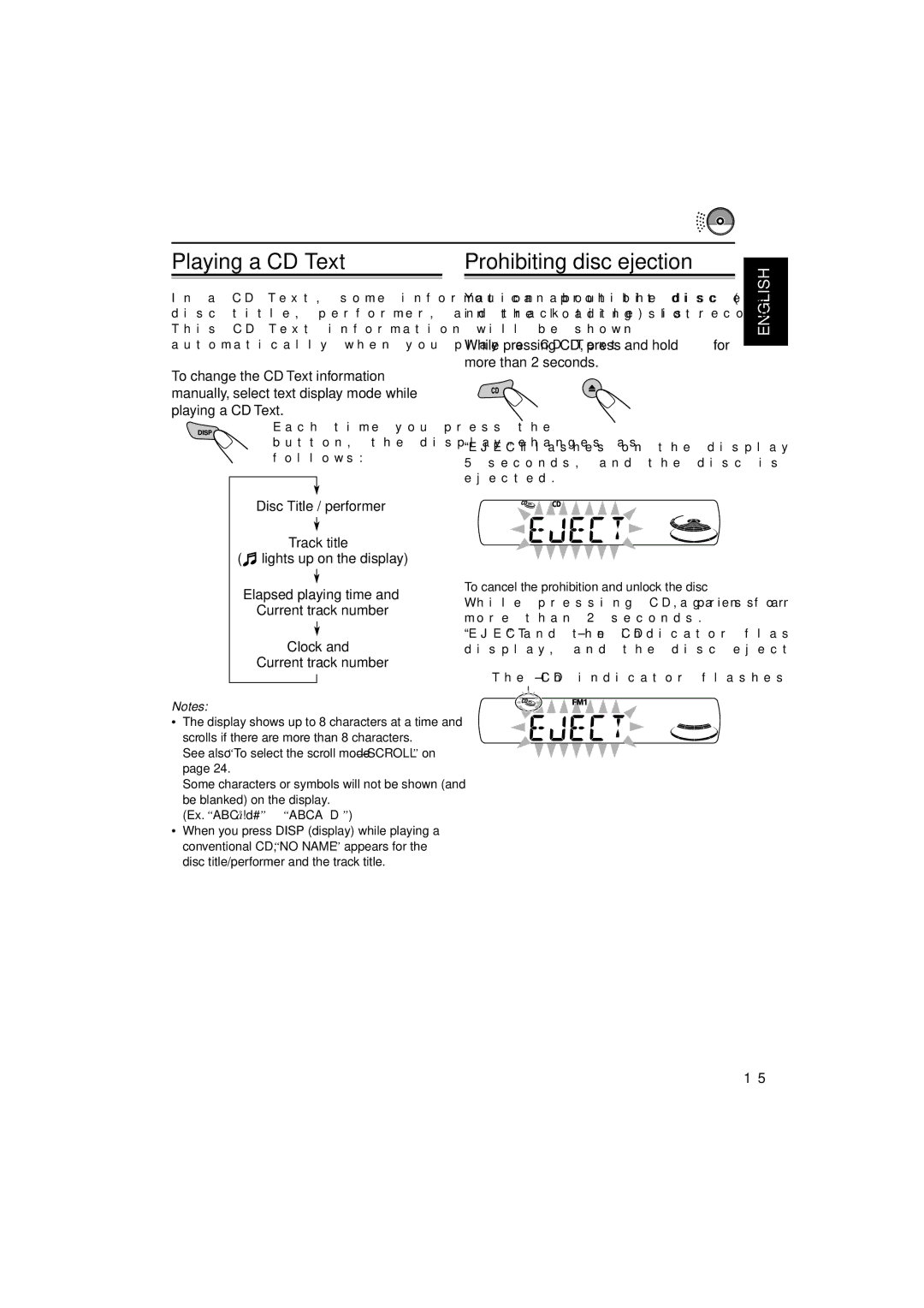 JVC KD-S895 manual Playing a CD Text Prohibiting disc ejection, Disc Title / performer Track title 