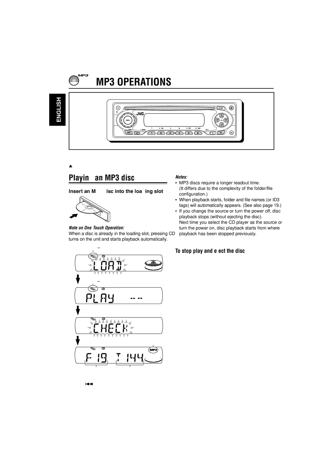 JVC KD-S895 MP3 Operations, Playing an MP3 disc, To stop play and eject the disc, Insert an MP3 disc into the loading slot 