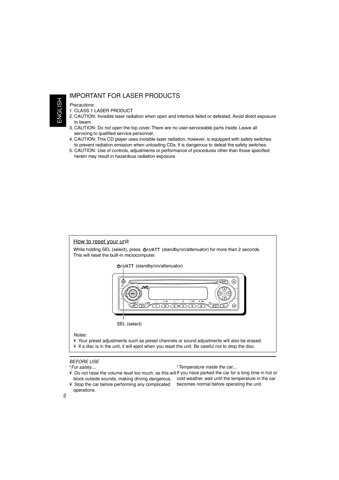 JVC KD-S895 manual How to reset your unit, Class 1 Laser Product 