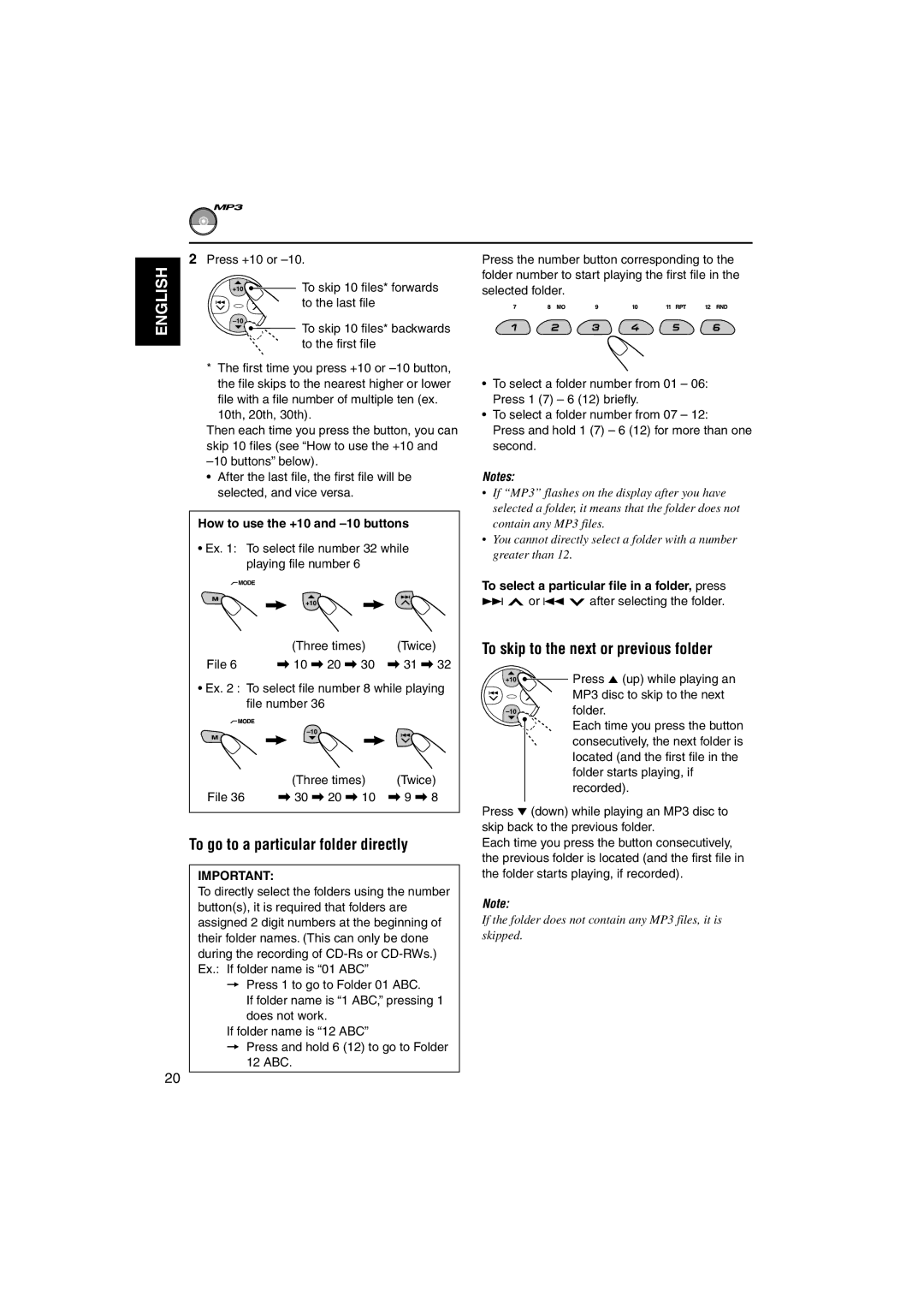 JVC KD-S895 manual To go to a particular folder directly, To skip to the next or previous folder 