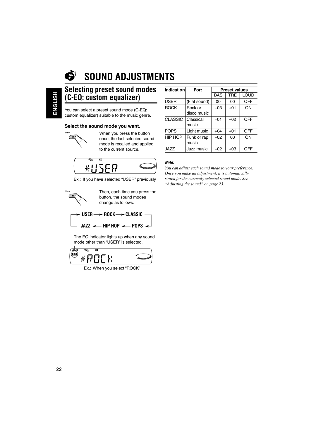 JVC KD-S895 manual Sound Adjustments, Select the sound mode you want, For Preset values 