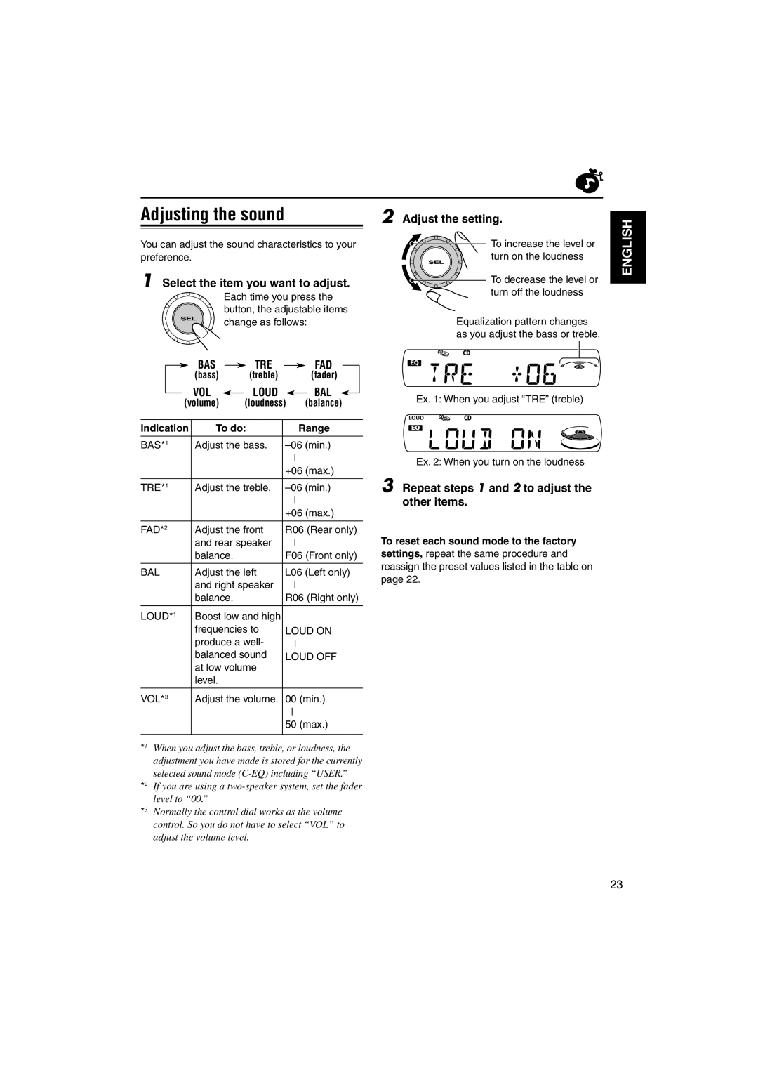 JVC KD-S895 manual Adjusting the sound, Adjust the setting, Select the item you want to adjust 