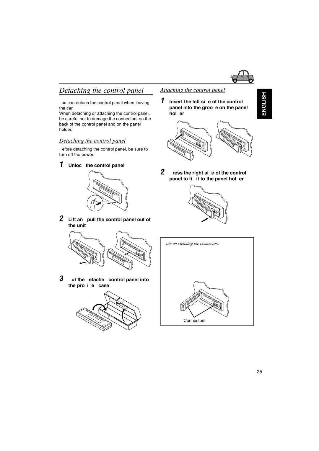 JVC KD-S895 manual Detaching the control panel, Attaching the control panel, Connectors 