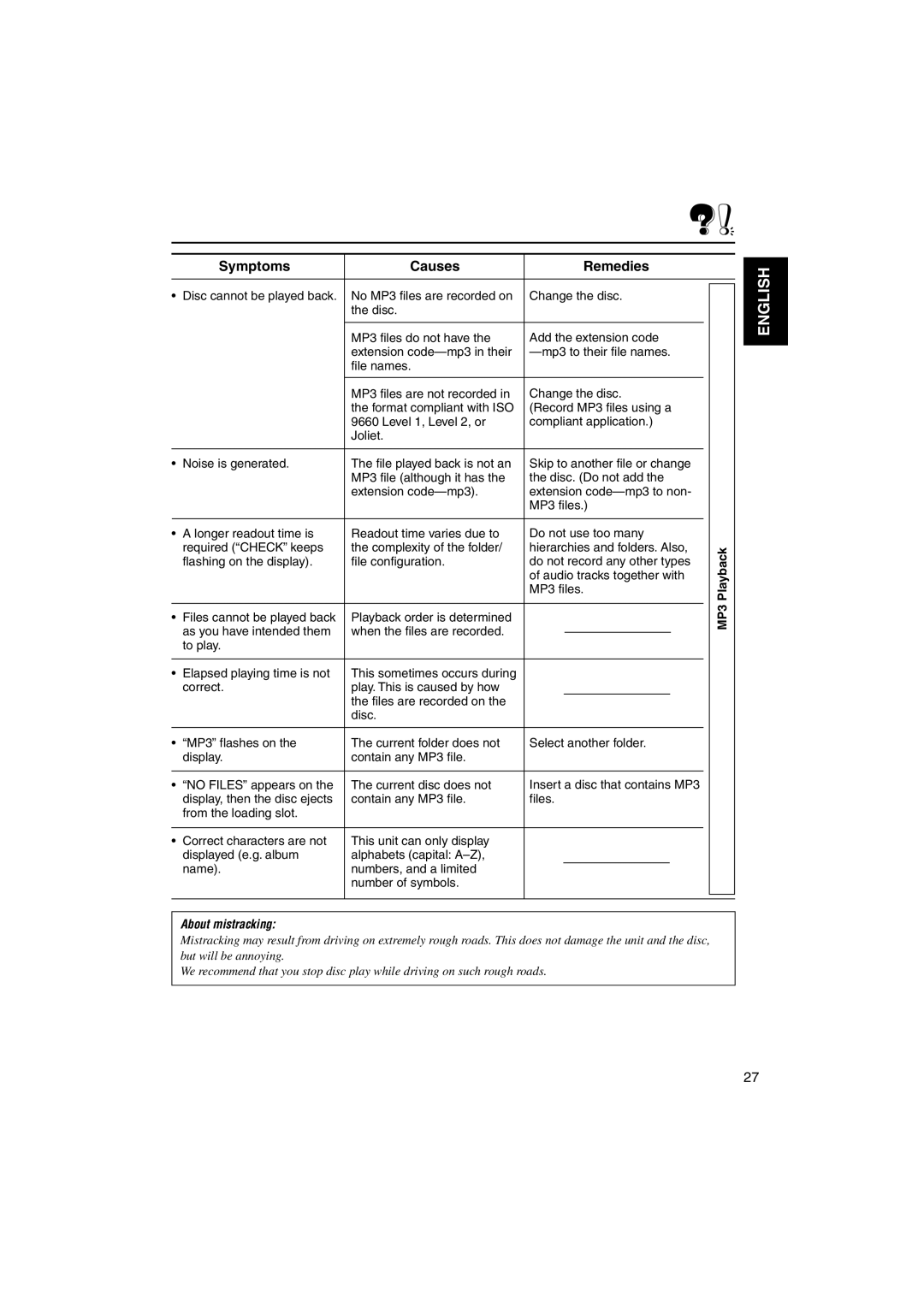 JVC KD-S895 manual About mistracking 