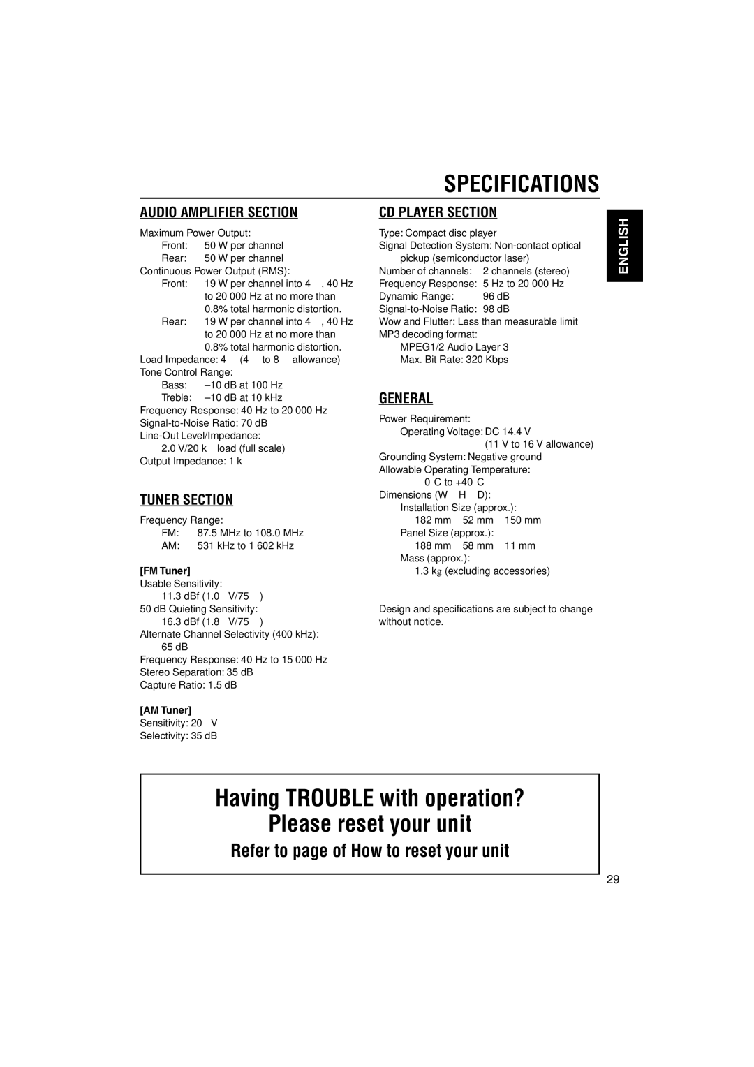 JVC KD-S895 manual Specifications, Refer to page of How to reset your unit, FM Tuner, AM Tuner 