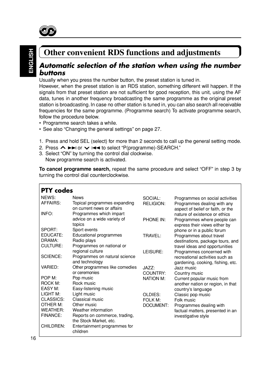 JVC KD-S777R, KD-S8R, KD-SX878R manual Other convenient RDS functions and adjustments, PTY codes 