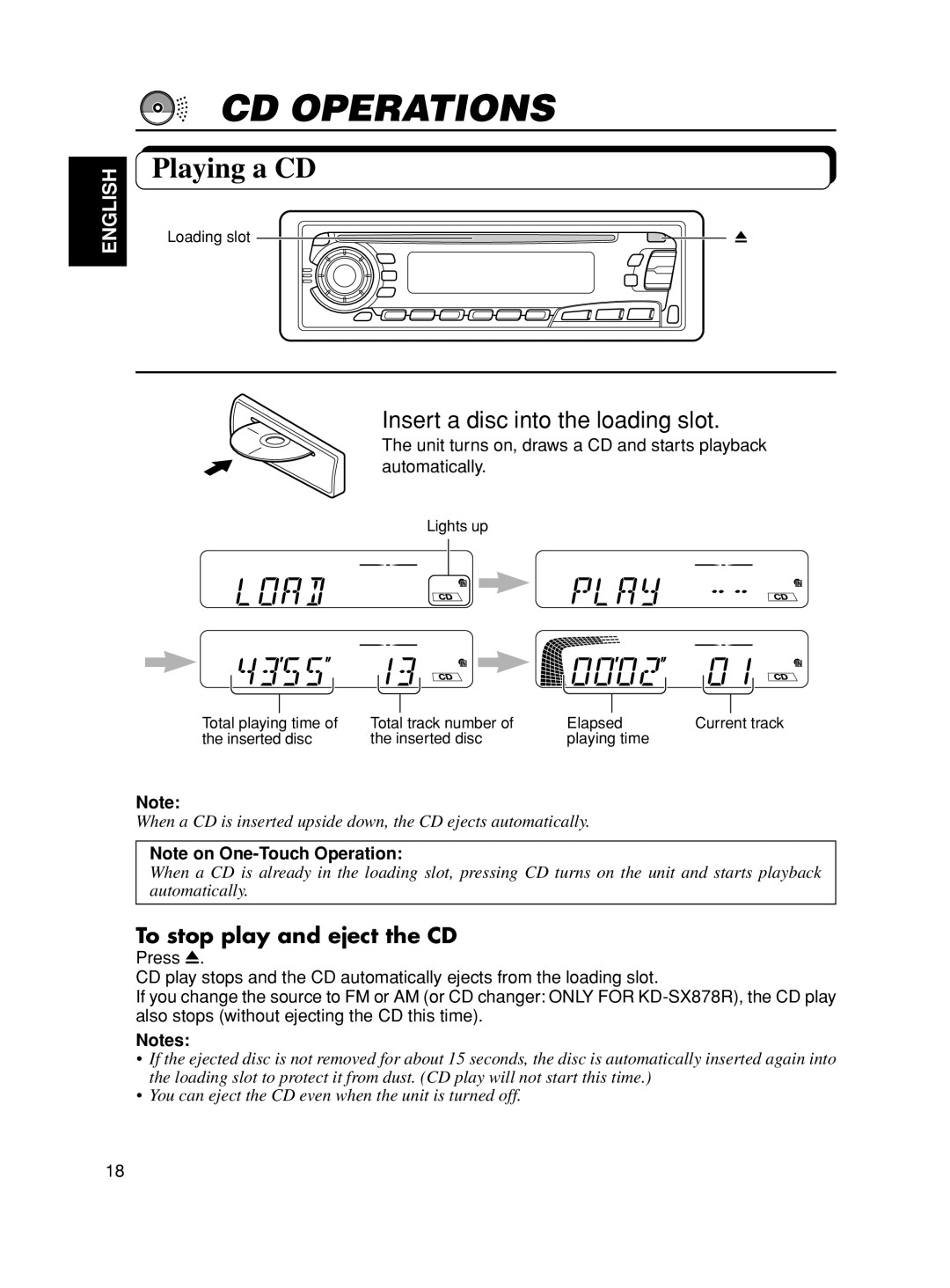 JVC KD-S8R, KD-S777R manual CD Operations, Playing a CD, Insert a disc into the loading slot, To stop play and eject the CD 