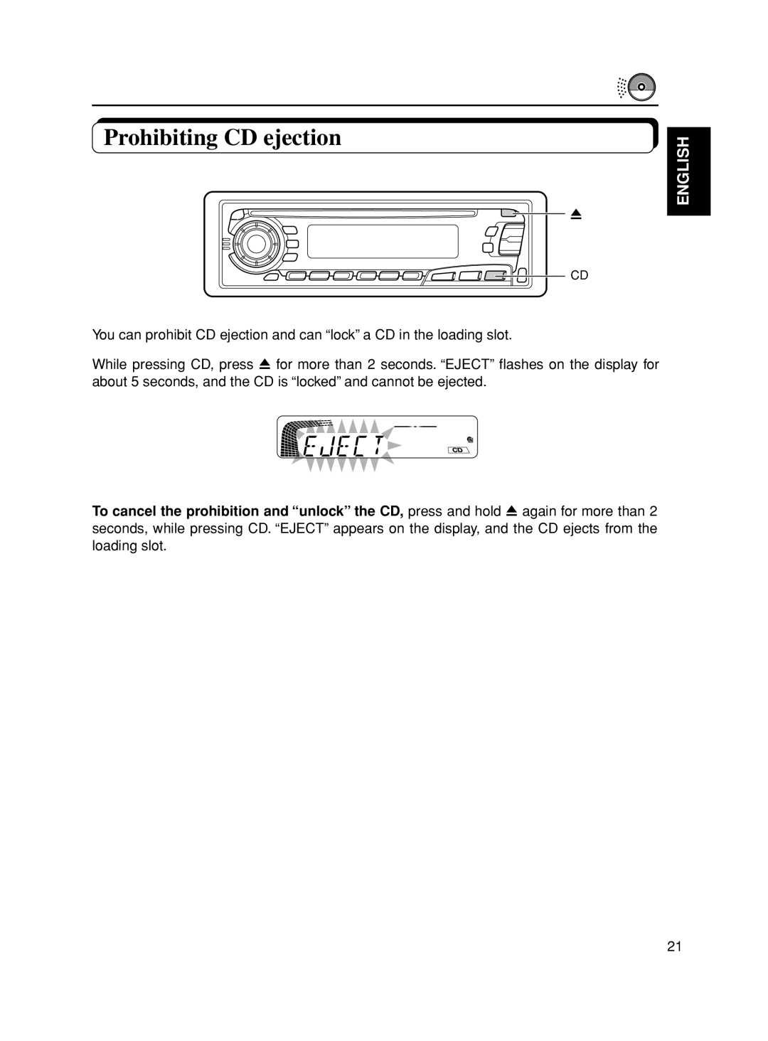 JVC KD-S8R, KD-S777R, KD-SX878R manual Prohibiting CD ejection 