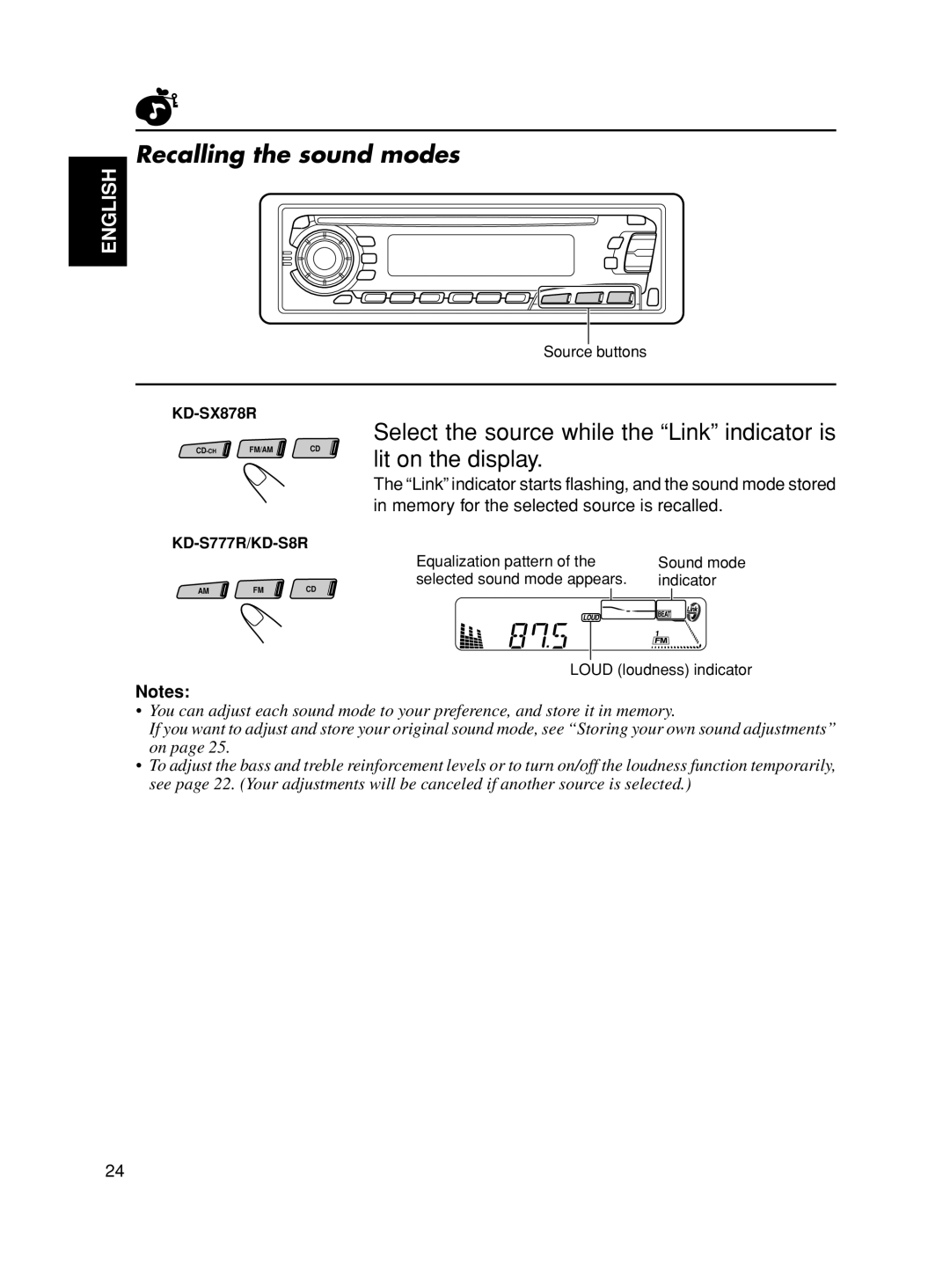 JVC KD-S8R, KD-S777R, KD-SX878R manual Recalling the sound modes 