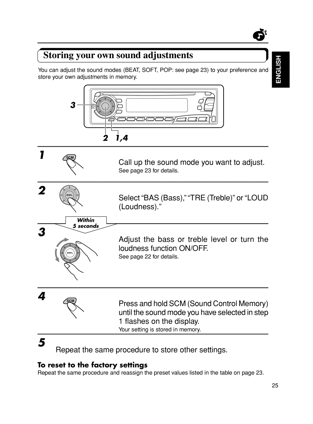 JVC KD-S777R, KD-S8R, KD-SX878R manual Storing your own sound adjustments, Call up the sound mode you want to adjust 