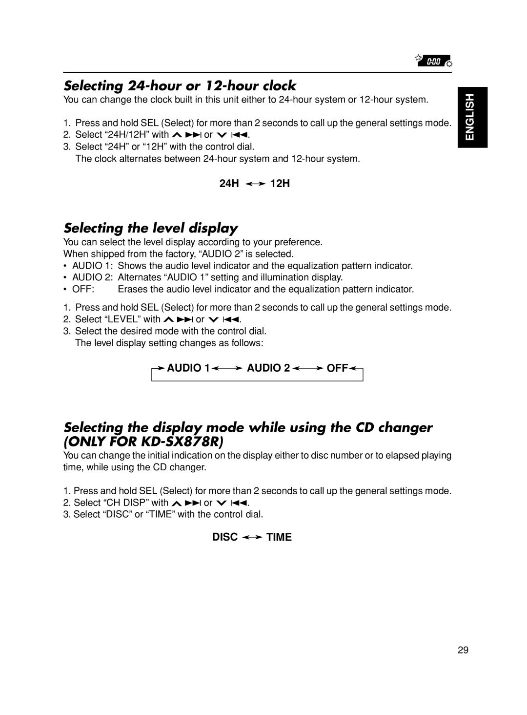 JVC KD-SX878R, KD-S8R, KD-S777R manual Selecting 24-hour or 12-hour clock, Selecting the level display 