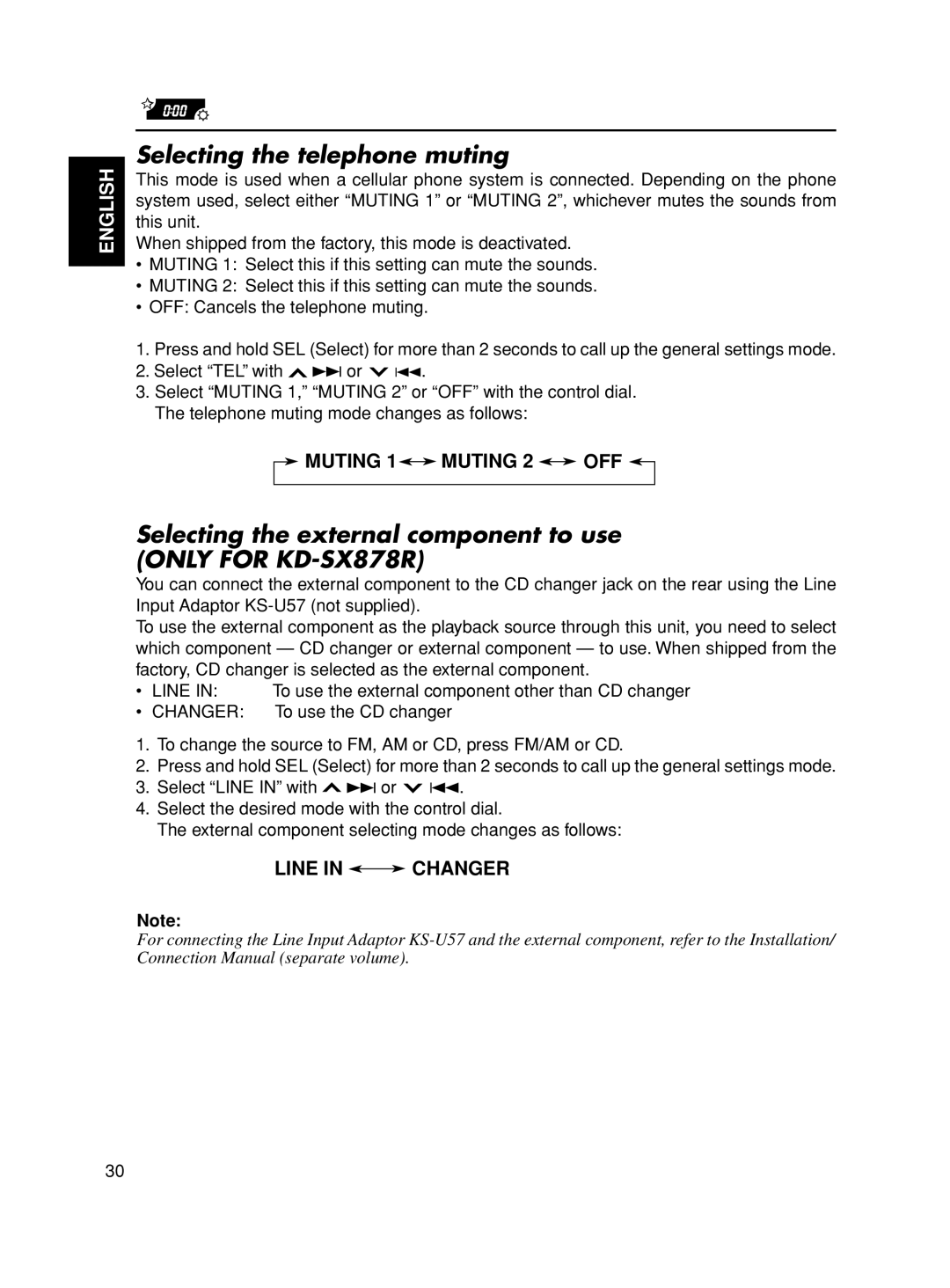 JVC KD-S8R, KD-S777R manual Selecting the telephone muting, Selecting the external component to use only for KD-SX878R 