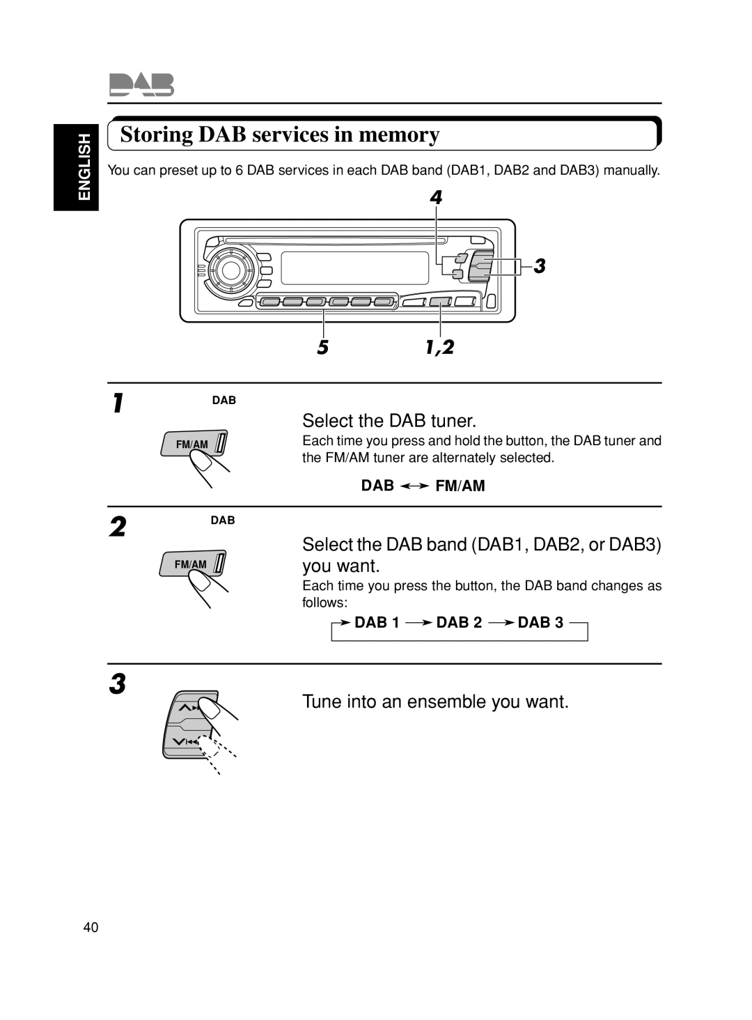 JVC KD-S777R manual Storing DAB services in memory, Select the DAB tuner, Select the DAB band DAB1, DAB2, or DAB3 you want 