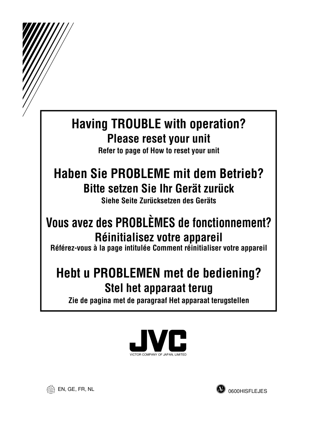 JVC KD-S777R, KD-S8R, KD-SX878R manual Refer to page of How to reset your unit, Siehe Seite Zurücksetzen des Geräts 