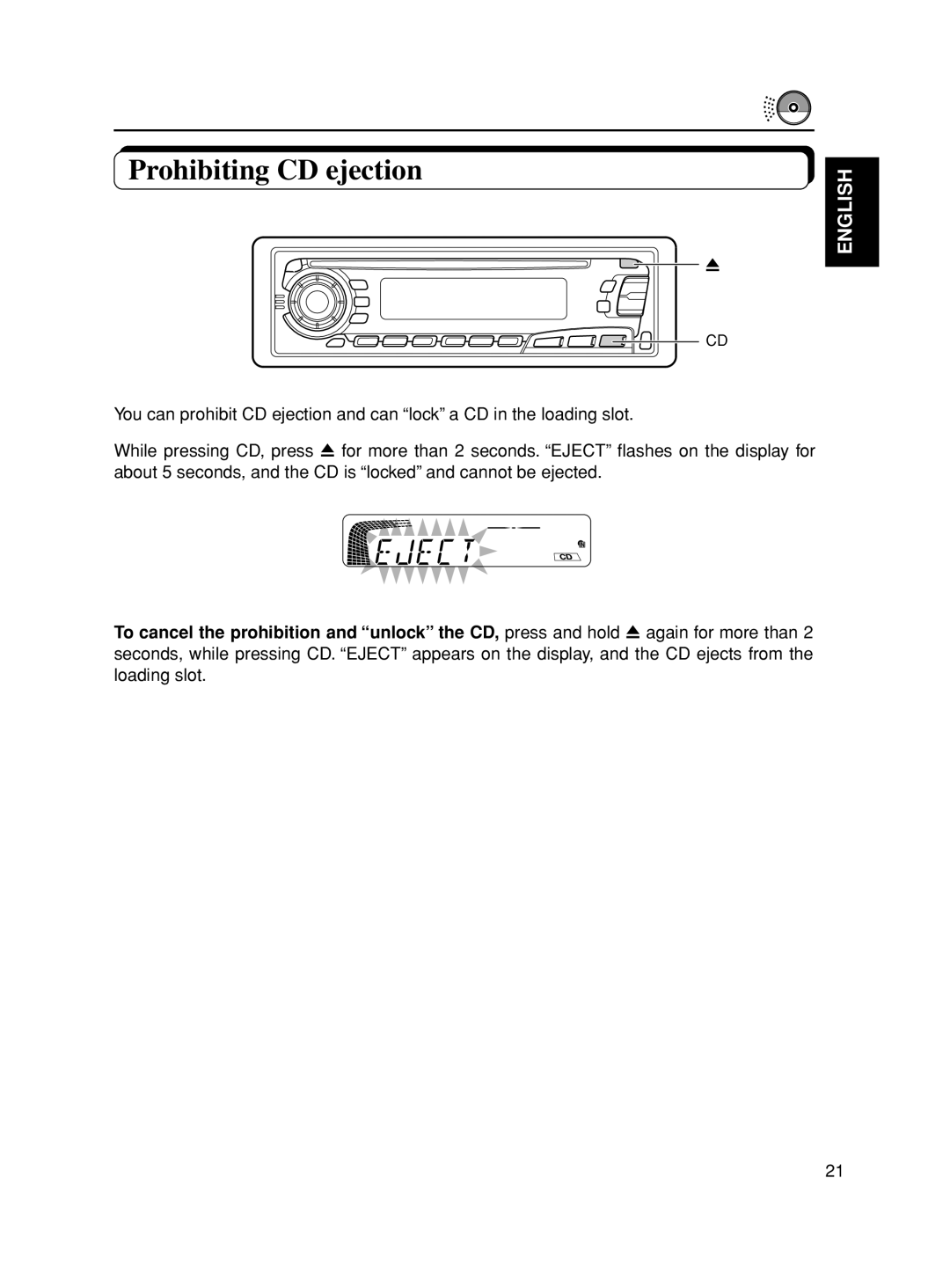 JVC KD-S8R, KD-S777R, KD-SX878R manual Prohibiting CD ejection, English 